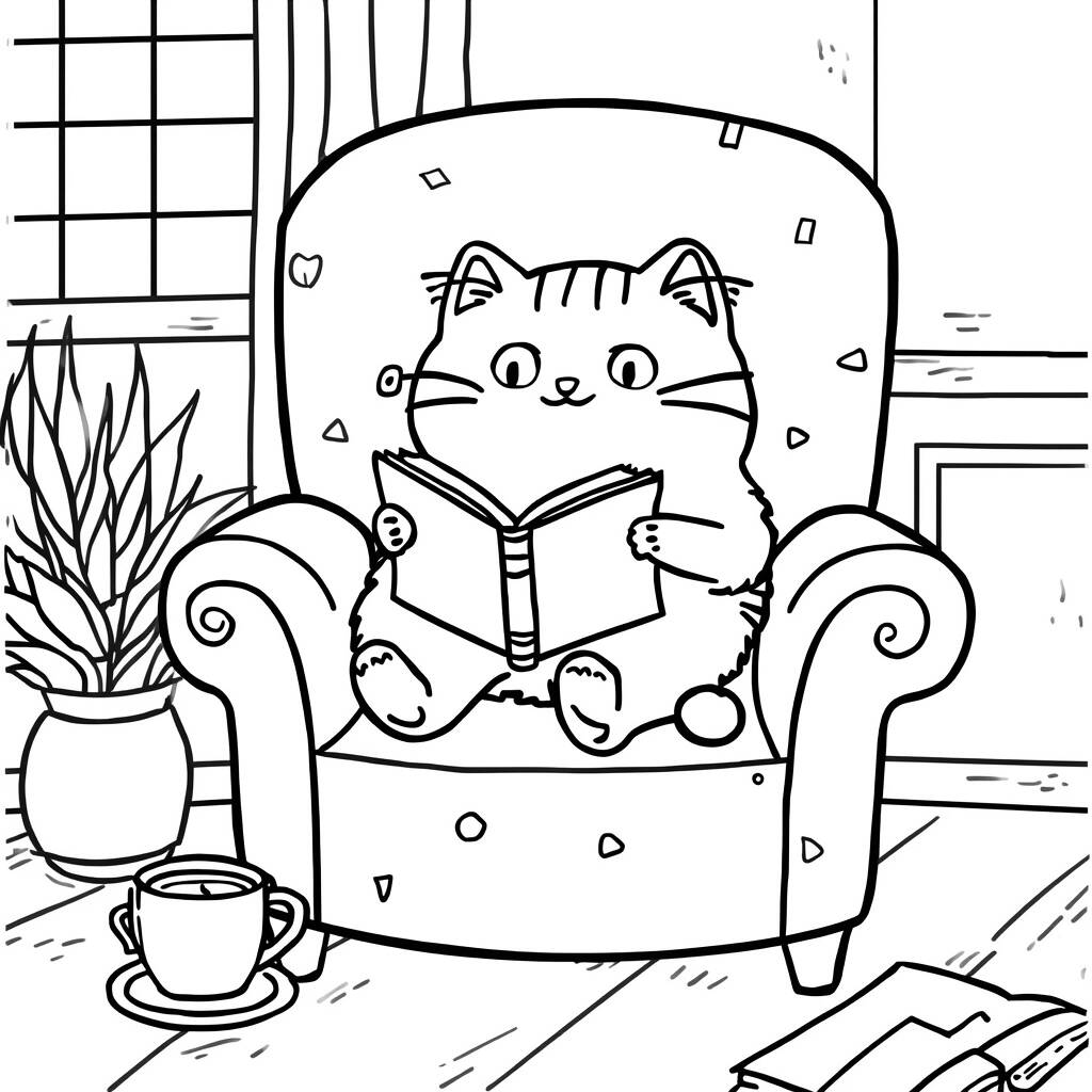 Pusheen e a Leitura (Desenho para Colorir)