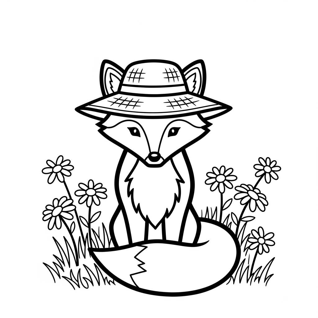 Raposa com Chapeu de Palha (Desenho para Colorir)