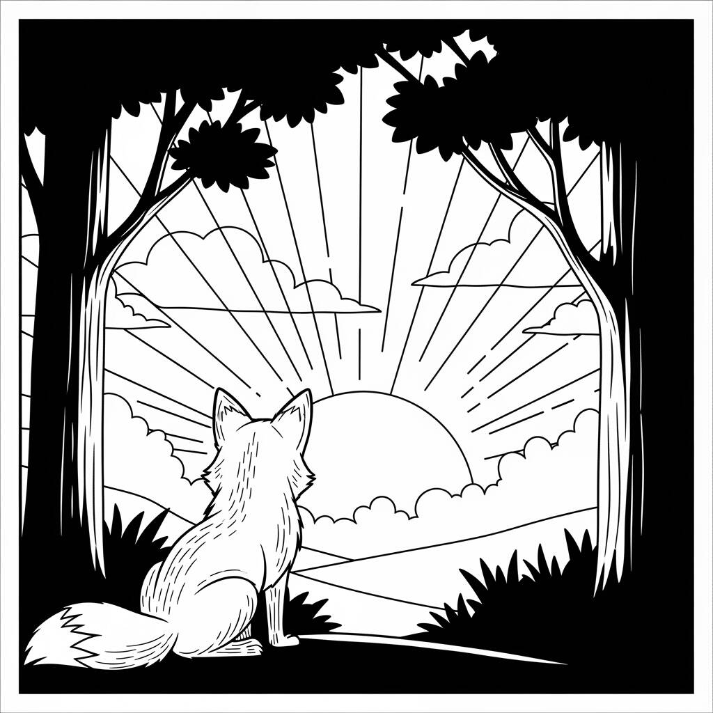 Raposa e o Sol Nascente (Desenho para Colorir)