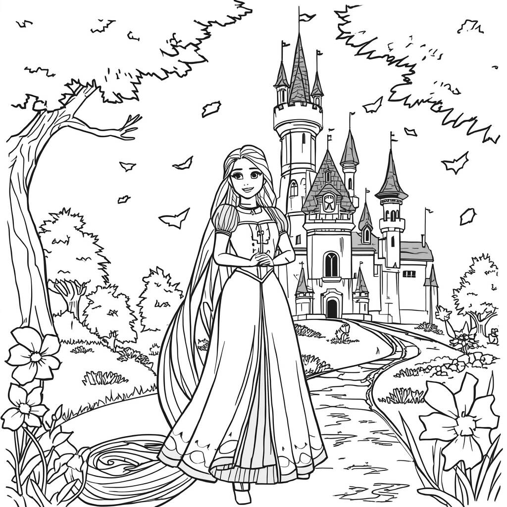 Rapunzel e Seu Castelo (Desenho para Colorir)