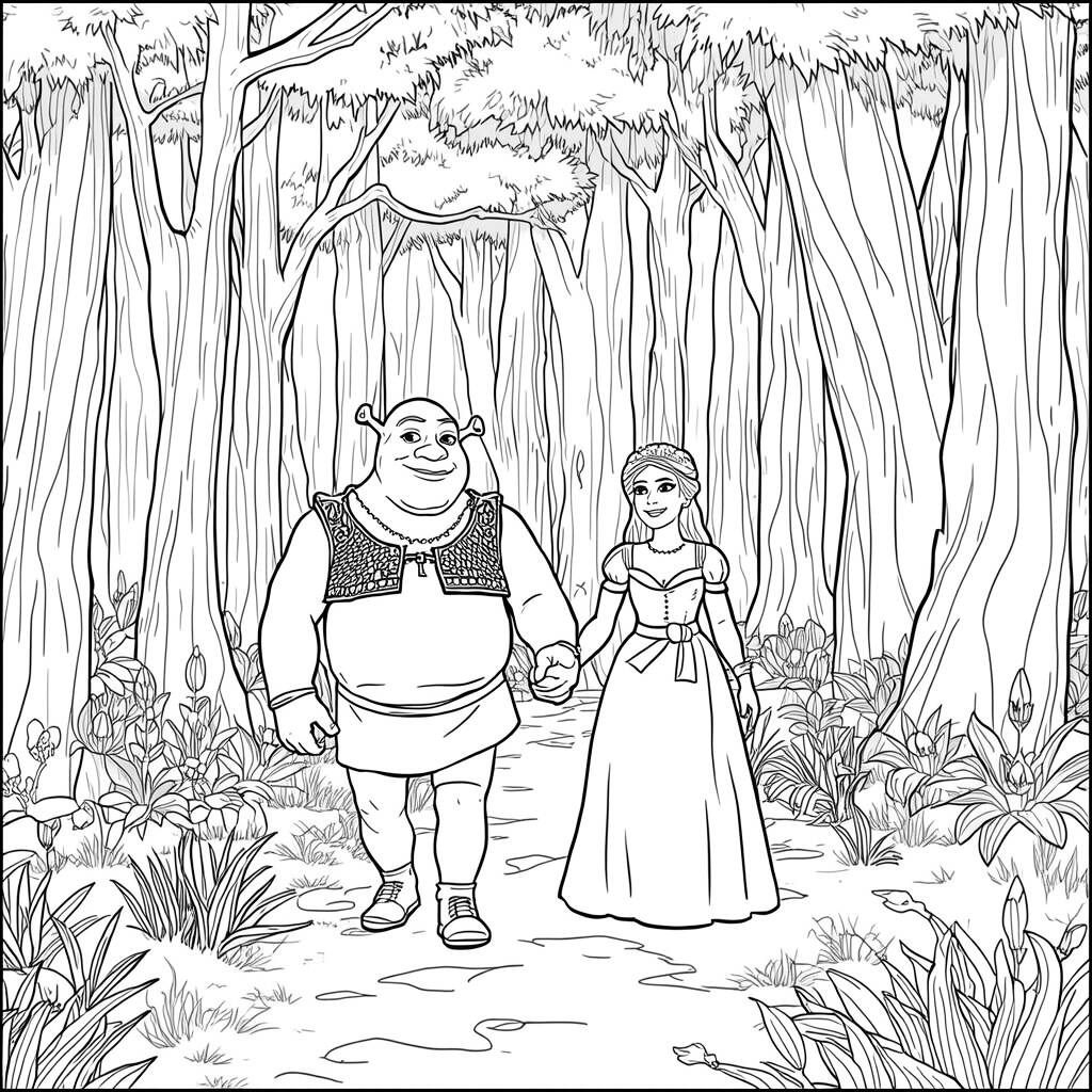 Shrek e Fiona na Floresta (Desenho para Colorir)