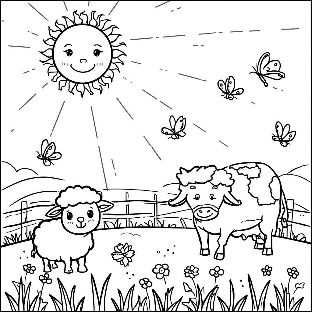 Sol e Animais do Campo (Desenho para Colorir)