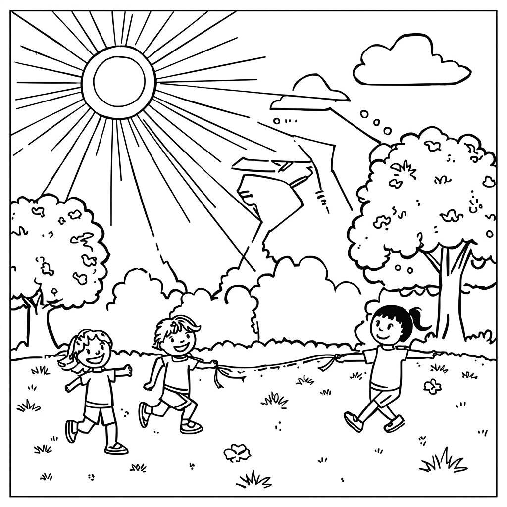 Sol e Criancas Brincando (Desenho para Colorir)
