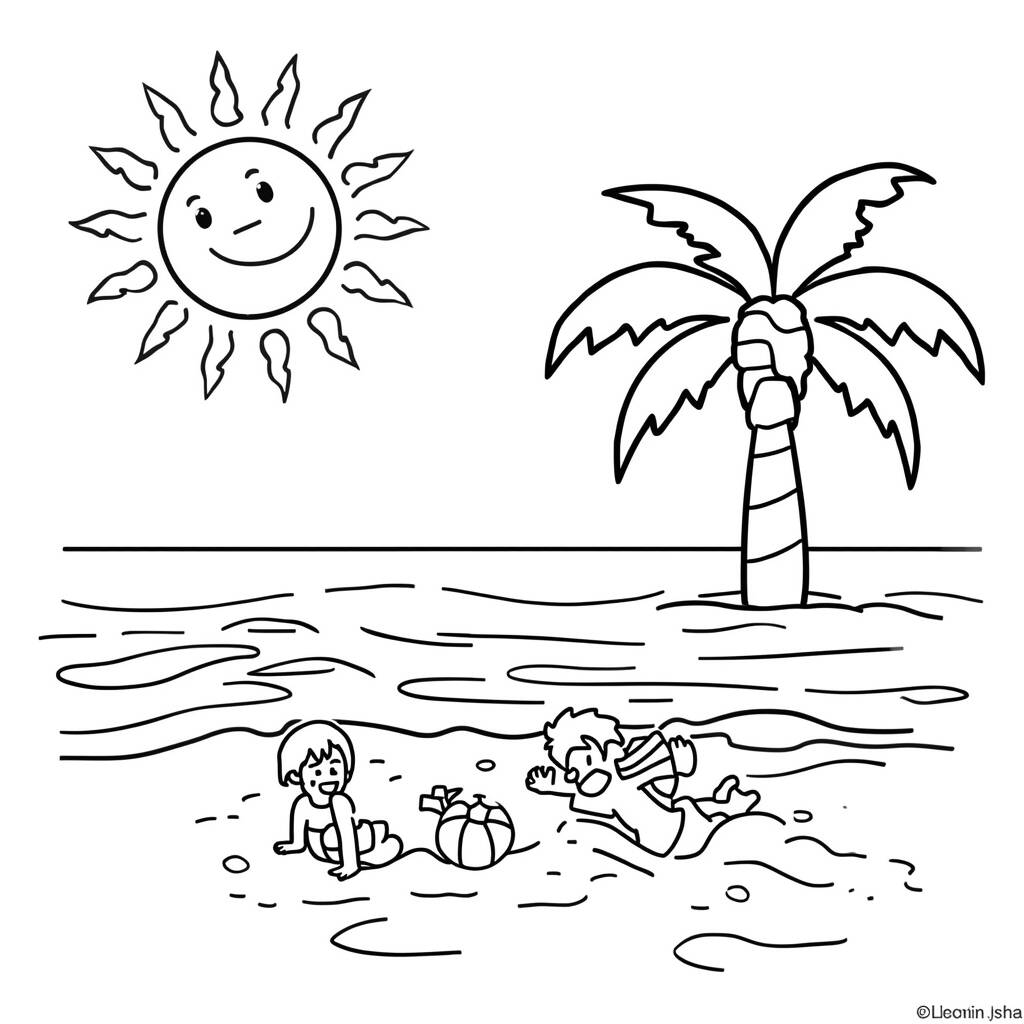 Sol em um Dia de Praia (Desenho para Colorir)