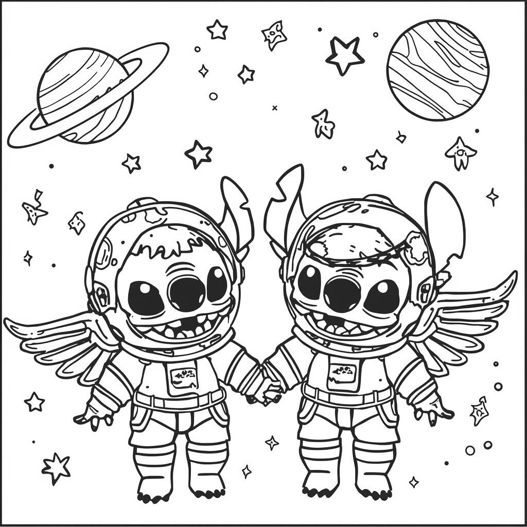 Stitch e Angel Astronautas (Desenho para Colorir)