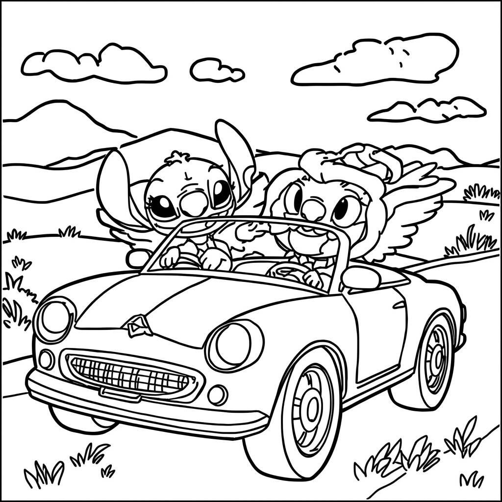 Stitch e Angel em um Carro (Desenho para Colorir)