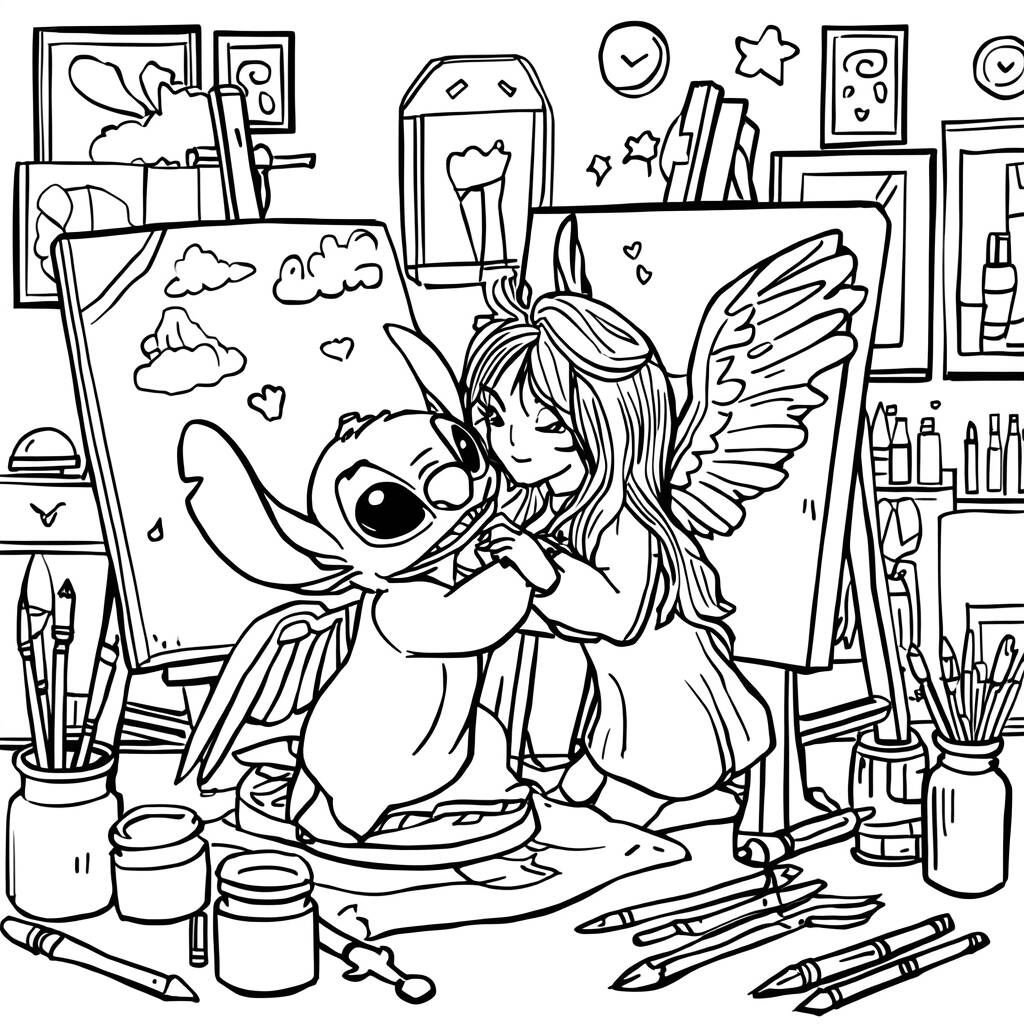 Stitch e Angel em um Estudio de Arte (Desenho para Colorir)