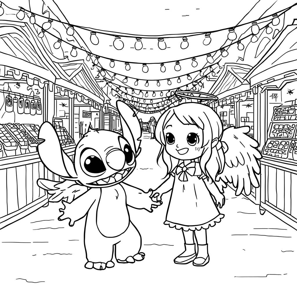 Stitch e Angel em um Festival (Desenho para Colorir)