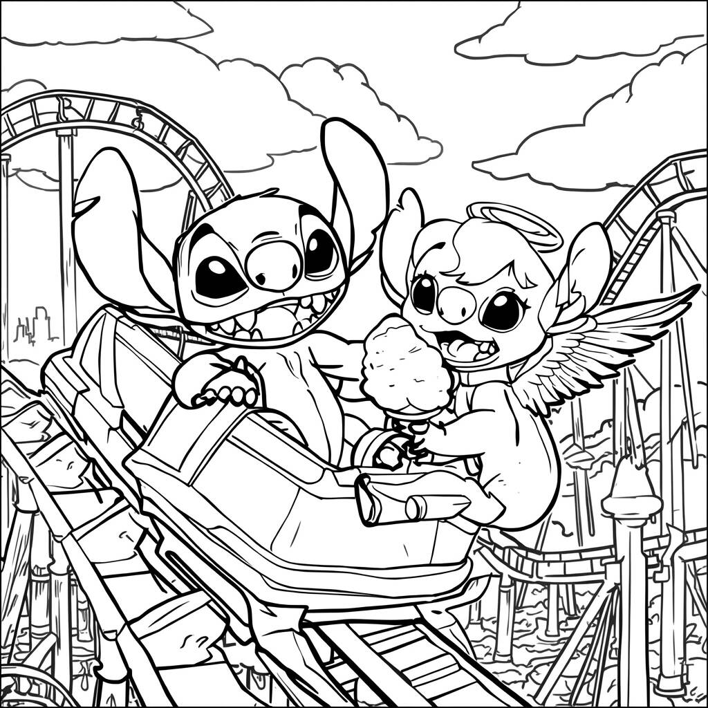 Stitch e Angel em um Parque de Diversoes (Desenho para Colorir)