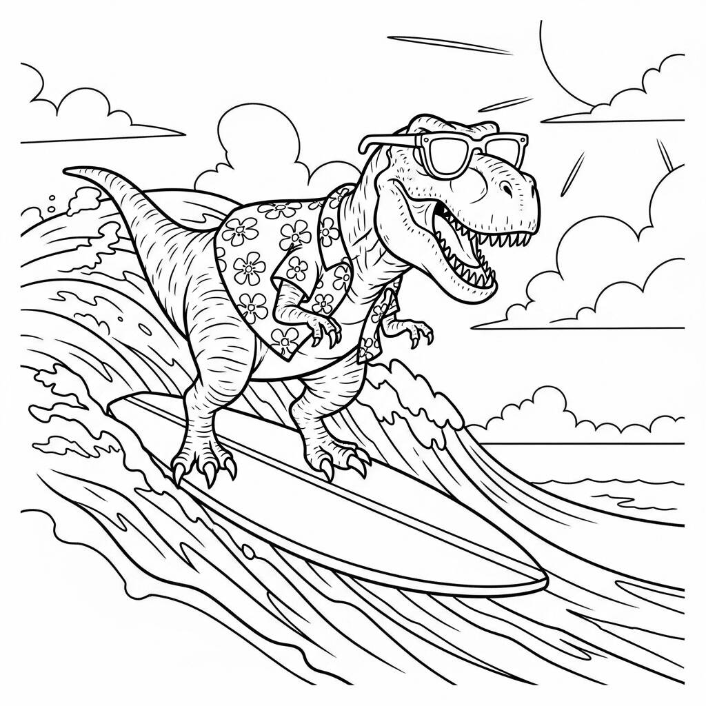 T rex Surfista Verao (Desenho para Colorir)