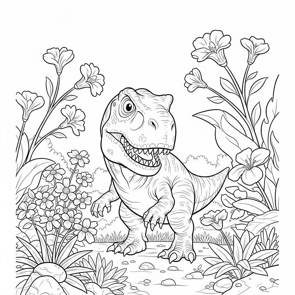 T rex e o Jardim das Flores (Desenho para Colorir)