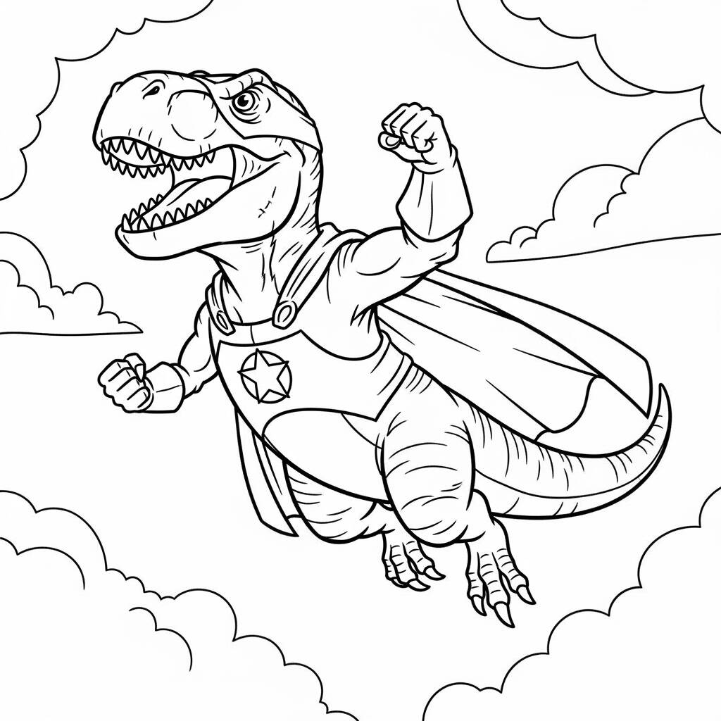 T rex em Acao Super Heroi (Desenho para Colorir)