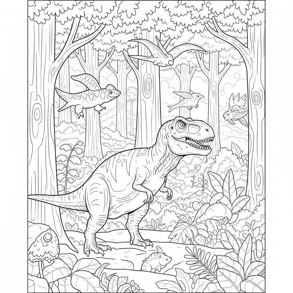 T rex na Floresta Encantada (Desenho para Colorir)