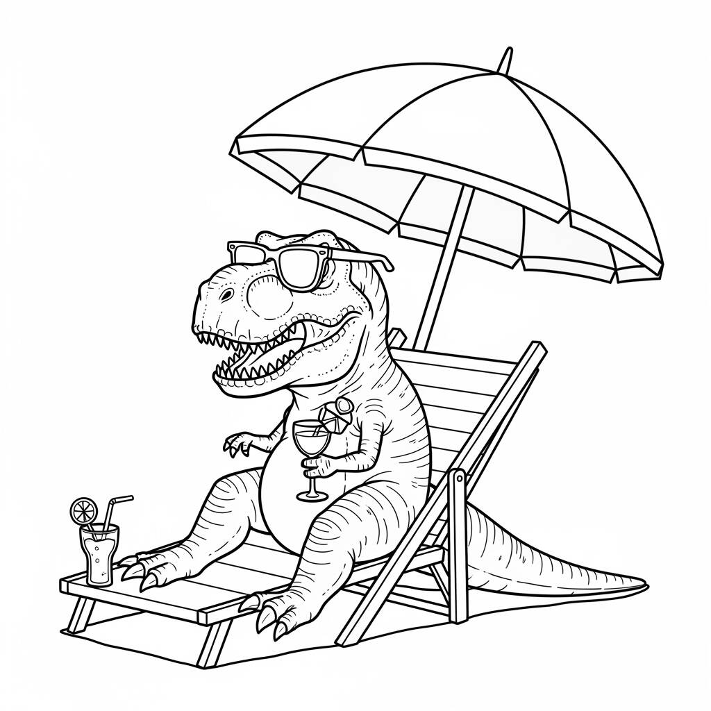 T rex na Praia Relaxante (Desenho para Colorir)