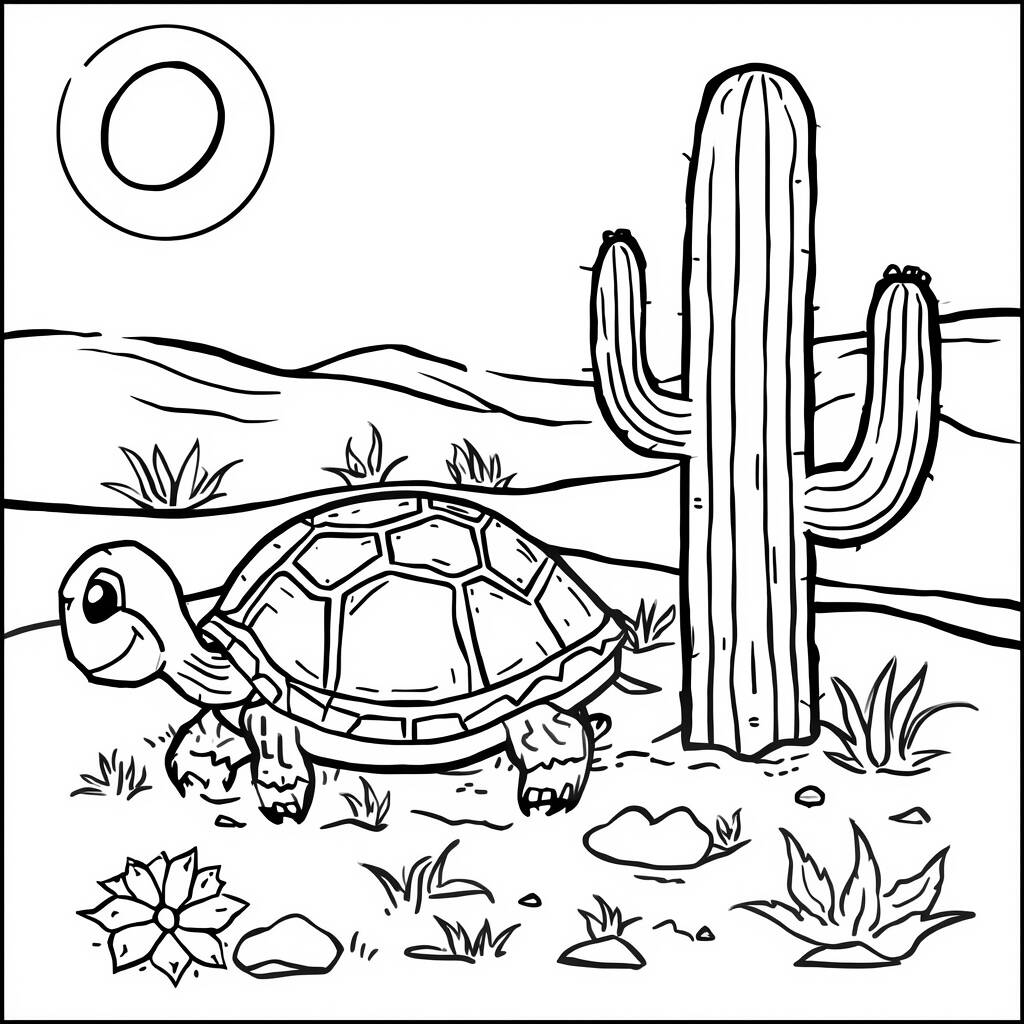 Tartaruga e Cacto (Desenho para Colorir)