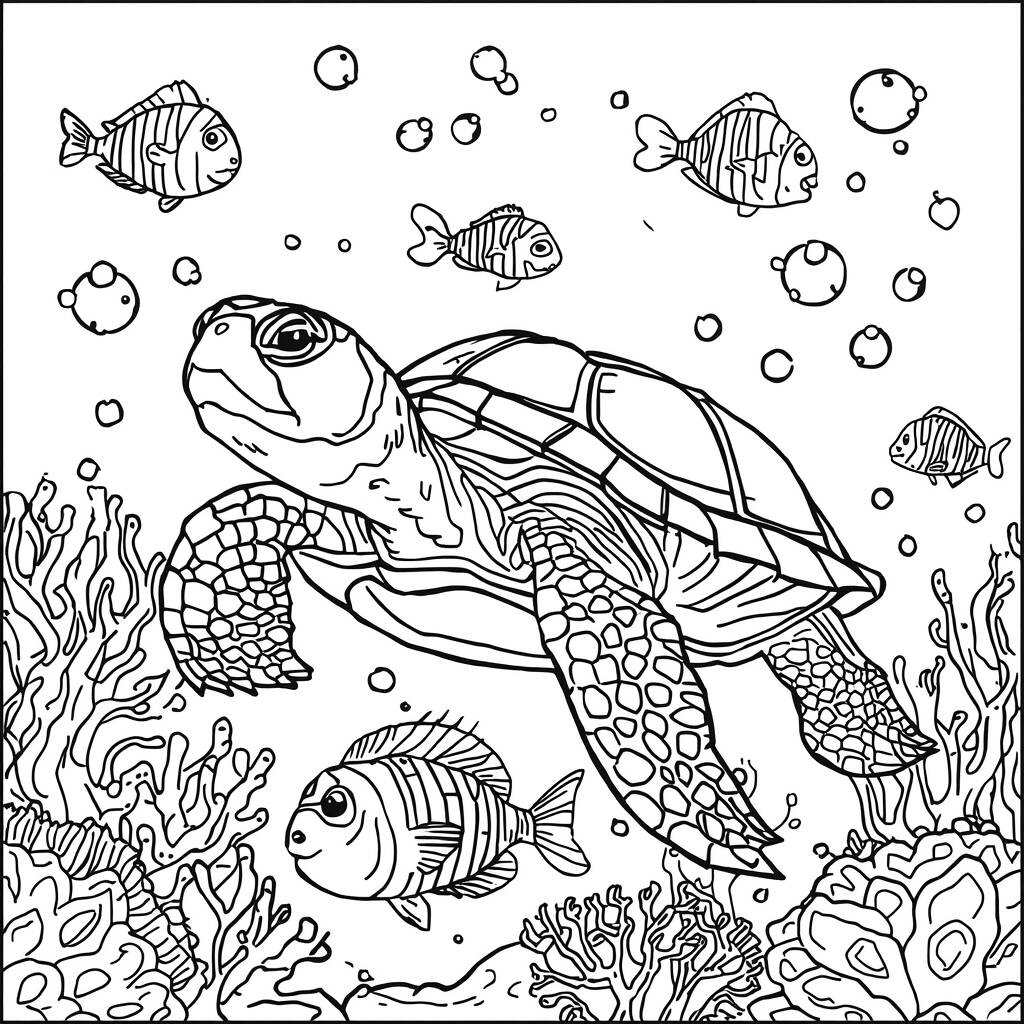 Tartaruga e Peixes (Desenho para Colorir)