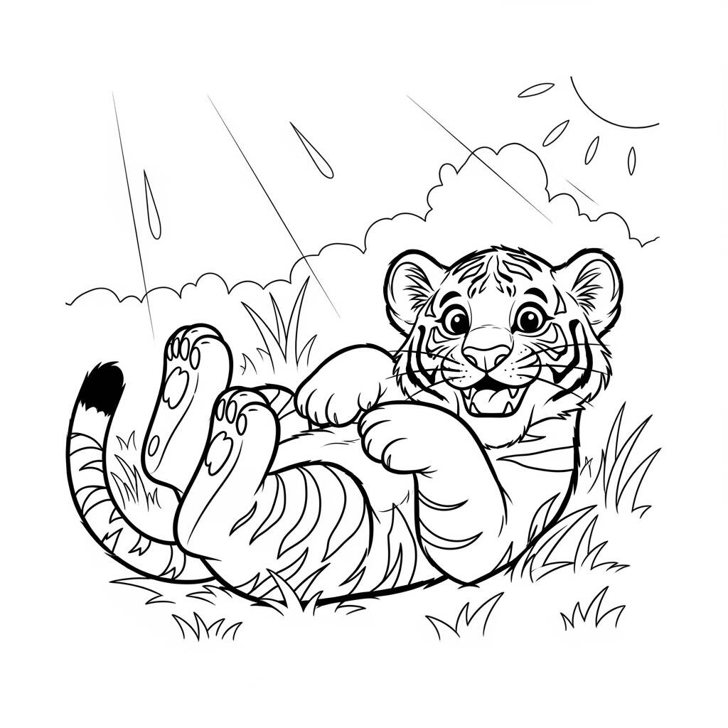 Tigre Brincando no Sol (Desenho para Colorir)