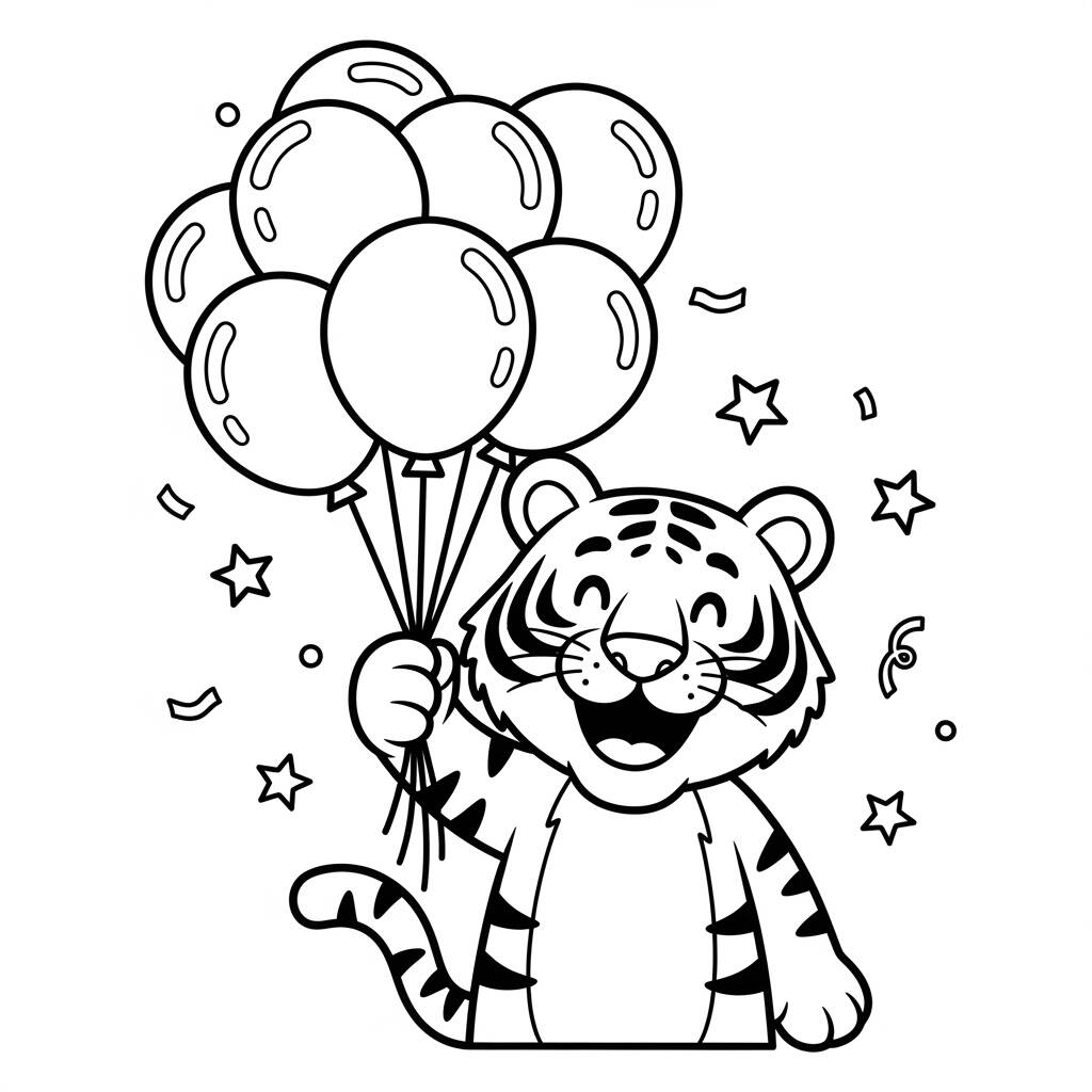Tigre com Baloes (Desenho para Colorir)