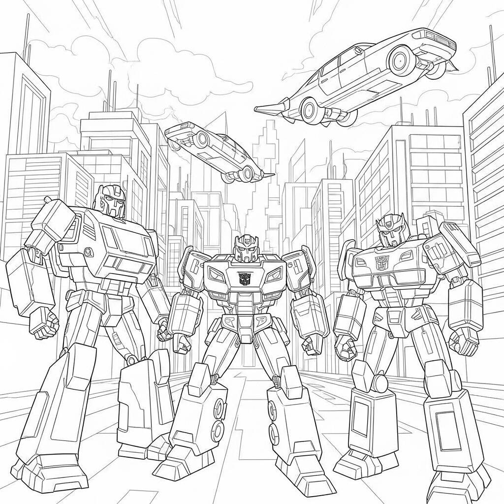 Transformers em Cidades Futuristas (Desenho para Colorir)