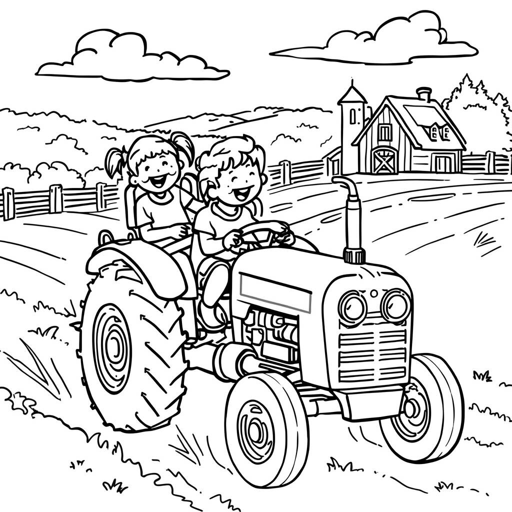 Trator Com Criancas (Desenho para Colorir)