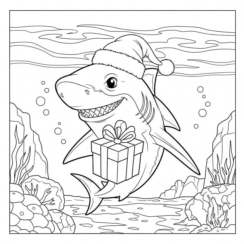 Tubarao de Natal Engracado (Desenho para Colorir)