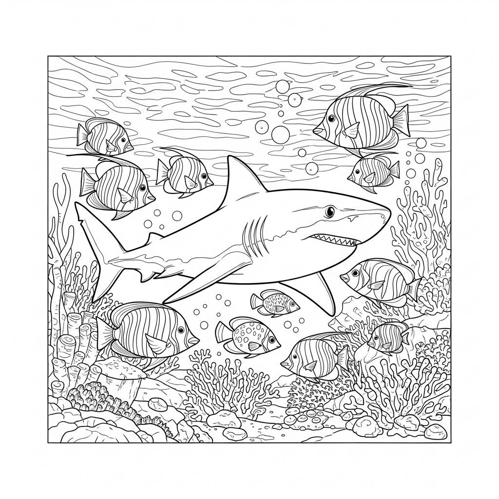 Tubarao e Peixes Coloridos (Desenho para Colorir)